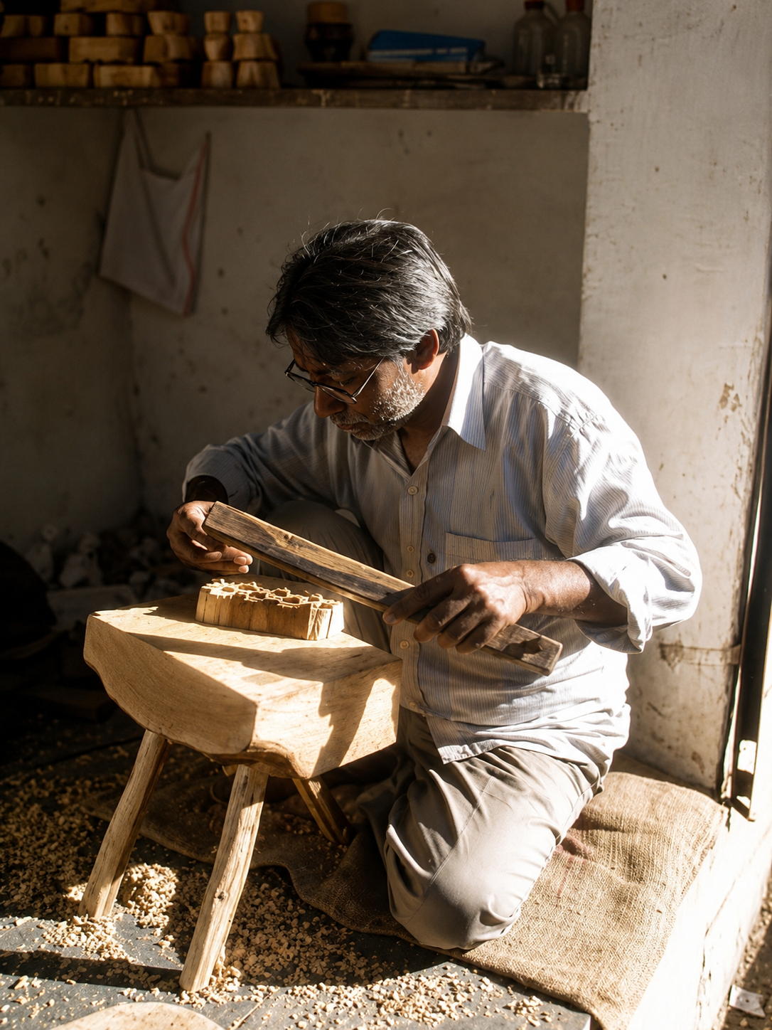 Man carving a wooden printing block for Pink Namaste products